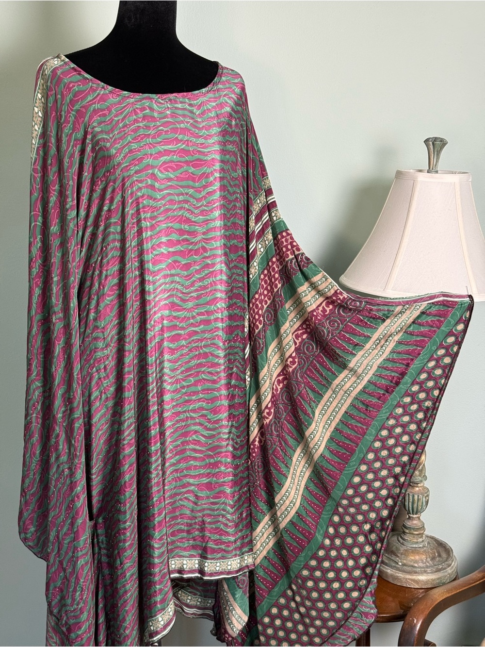 100% Silk Boho Long-Sleeve Printed Dress in Burgundy and Green by The Fashioniva